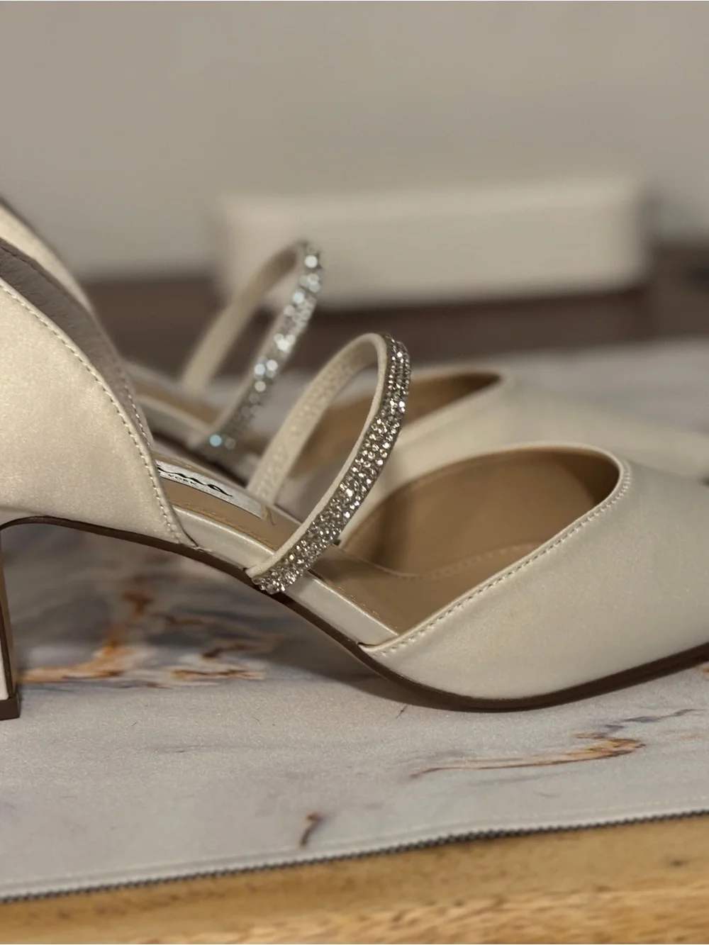 Nina Cream Satin Pointed-Toe Heels with Crystal Strap
